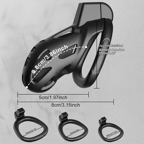 Vista 2 de Dispositivos de castidad masculina jaula para pene – Jaula de castidad grande integrada con bloqueo invisible vertical integrado con 3 anillos base