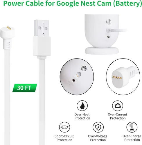 Vista 3 de wochel - Cable de alimentación compatible con Google Nest Cam para exteriores o interiores, batería, 30 pies, resistente a la intemperie, cable