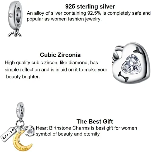 Vista 5 de PHCLASY Love Heart Birthstone Charms 925 Sterling Silver with Cubic Zirconia Dangle Women's Bead Charms fit Bracelets and Necklaces
