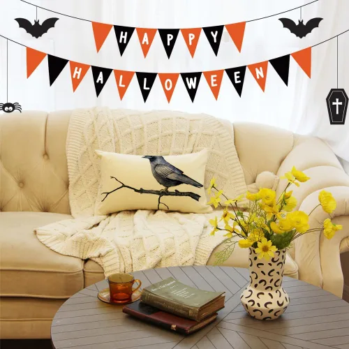 Vista 5 de Ogiselestyle Fundas de almohada de cuervo negro con texto en inglés «Happy Halloween», 12 x 20 pulgadas, fundas de almohada decorativas para el sofá