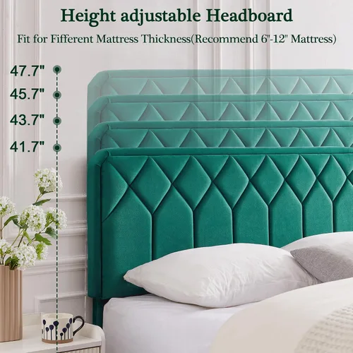 Vista 3 de VECELO Base de cama tamaño individual con plataforma tapizada de cuero de alta calidad con cabecera ajustable en altura / base de colchón, soporte