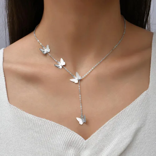 Vista 7 de Collar Lariat de oro para mujer, collar delicado de plata con cadena de serpiente, collar largo con perlas de circonita cúbica, collar de mariposa