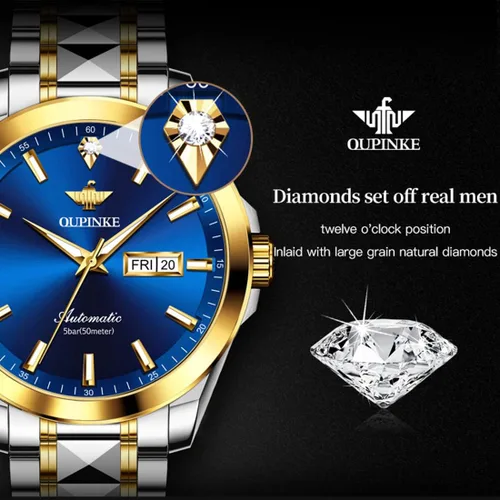 Vista 2 de OUPINKE Relojes automáticos para hombre, con diamantes reales, cuerda automática, mecánico, dorado, de lujo, reloj de pulsera impermeable