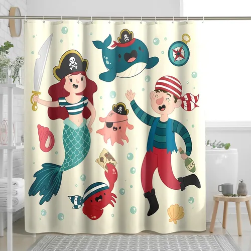 Vista 3 de Cortina de ducha de sirena con ganchos, diseño náutico de dibujos animados, pirata, ballena, océano, pulpo, divertido, beige, poliéster
