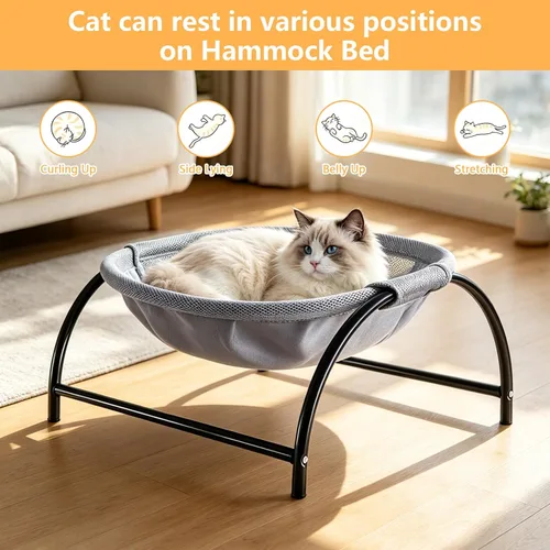 Vista 7 de Cama redonda elevada para gatos, lavable, hamaca para gatos y Cama elevada pequeña para gatos para uso en interiores y exteriores, cuna para gatos
