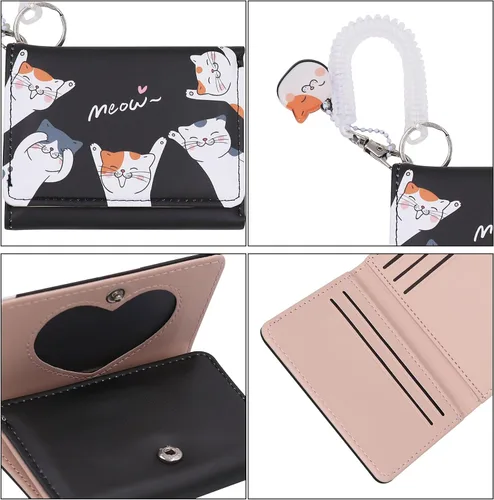 Vista 5 de Eilova Orityle Bonita cartera de gato para niñas y adolescentes, niños y mujeres, delgada de tres pliegues, tarjetero organizador con colgante