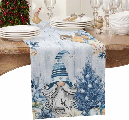 Vista 4 de Camino de mesa de Navidad, algodón y lino, bufandas de tocador de vacaciones de 36 pulgadas, gnomos de eucalipto azul retro, diseño de copos