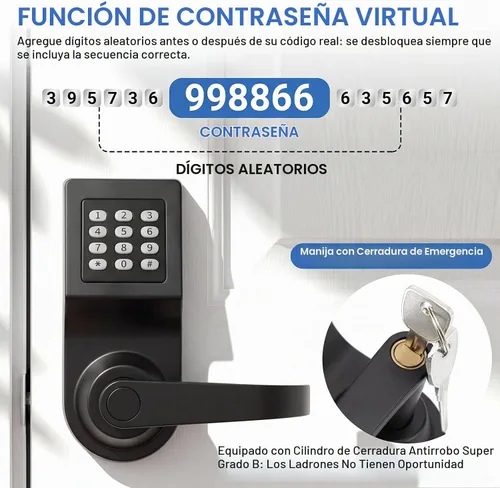 Vista 4 de Hicarer Paquete de 1 cerradura de puerta con teclado comercial con asa Negro mate