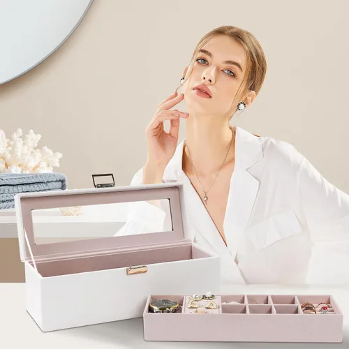 Vista 7 de Dajasan Cajas de joyería para mujeres y niñas, caja organizadora de joyas, caja organizadora de joyas de 2 capas con tapa transparente, organizador
