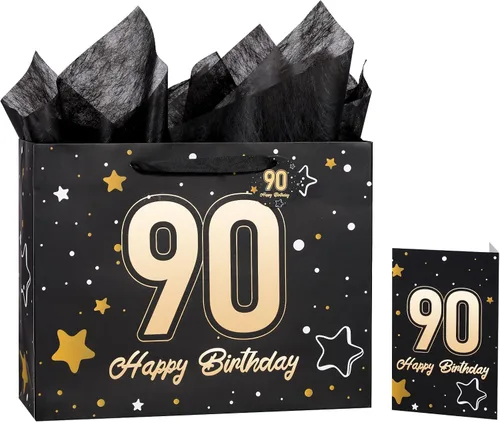 Vista 9 de Powbrace Bolsa de regalo de cumpleaños número 30 negra de 13 pulgadas con papel de seda y tarjeta de felicitación para fiestas, bolsa de regalo