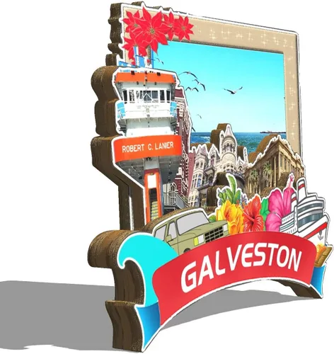 Vista 2 de Galveston - Imán de madera para nevera, diseño de Texas USA en 3D, recuerdos coleccionables, decoración hecha a mano