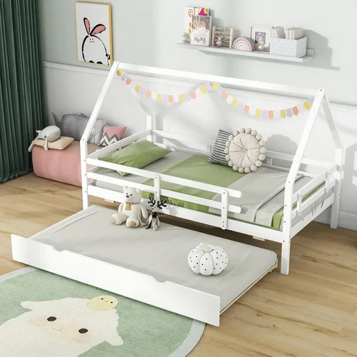 Vista 10 de KOMFOTT Cama de casa de tamaño individual con nido, marco de cama de madera con rieles de seguridad y techo, marco de cama de plataforma de casa Gris