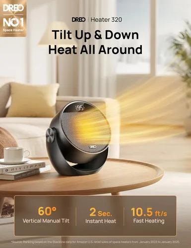 Vista 2 de Dreo Calentador de espacio de 1500 W, inclinación ajustable de 60°, calentadores eléctricos portátiles de 10.5 pies/s para uso en interiores