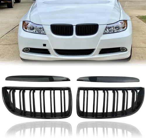 Vista 8 de Rejilla frontal de riñón compatible con BMW X5 E70 2007-2013 X6 E71 2008-2014, rejilla ABS de doble ranura en negro brillante, 2 piezas
