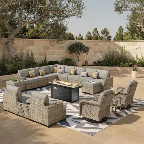 Vista 40 de HOOOWOOO Juego de muebles seccionales de patio con mesa de luz solar, 6 piezas de mimbre para exteriores, sofá en forma de L, juego de conversación