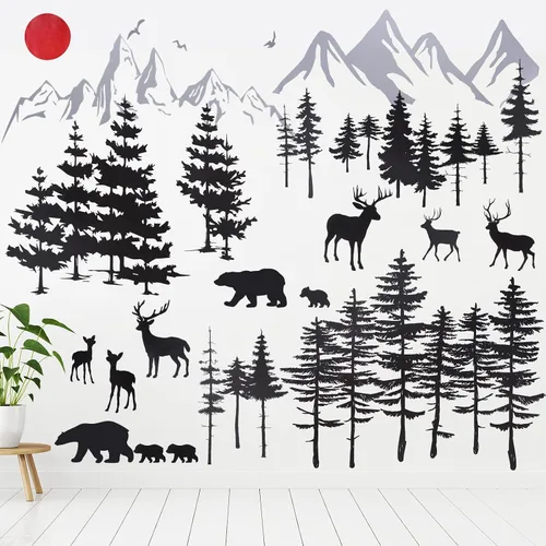 Vista 8 de Outus 3 hojas de calcomanías de pared de oso de bosque de montaña, calcomanías de pared de pinos, calcomanías de pared de árboles de bosque