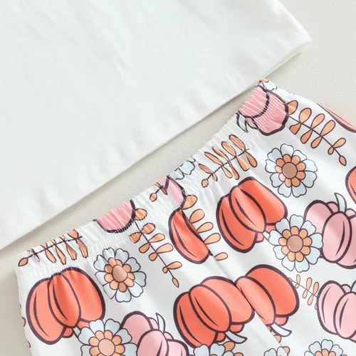 Vista 5 de Conjunto de ropa bonita de Halloween para niñas pequeñas, camiseta con parche de calabaza y pantalones acampanados, para niñas pequeñas