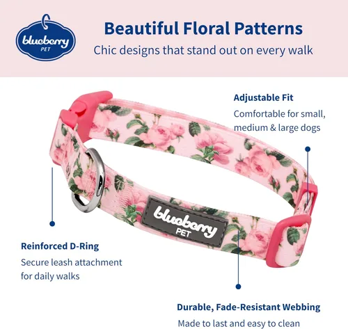 Vista 2 de Blueberry Pet Collar de perro floral rosa, tamaño mediano ajustable, cuello de 14.5 a 20 pulgadas, collar impreso para mascotas para perros medianos