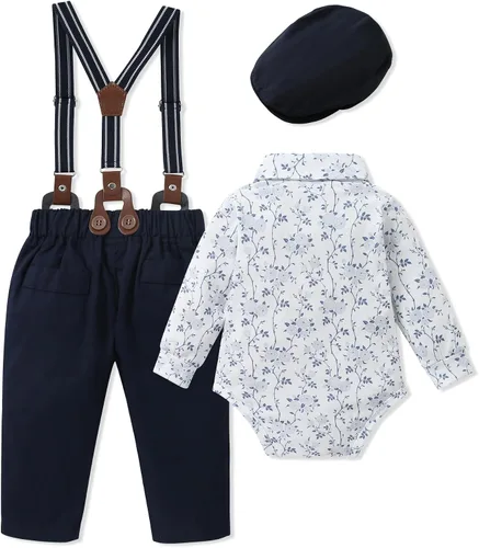 Vista 2 de WESIDOM Ropa de bebé niño 0-18M recién nacido traje de caballero, camisa+pajarita+boina+pantalón con tirantes Conjunto de ropa para bebé niño