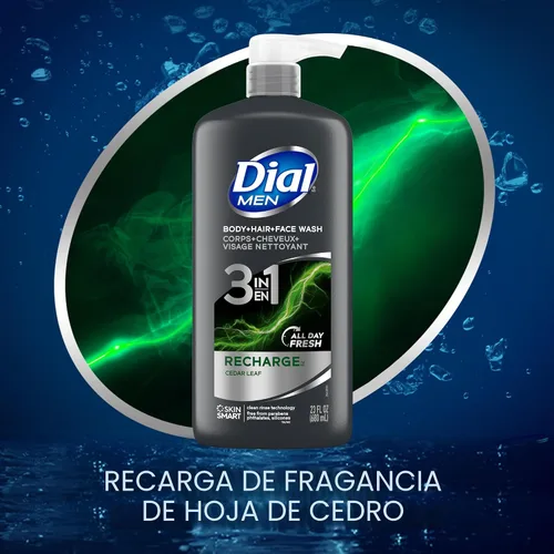 Vista 2 de Dial Lavado corporal 3 en 1 para hombre, cabello y cara, recarga, 23 onzas líquidas, paquete de 3 Total 69 Fl Oz, clean rinse technology