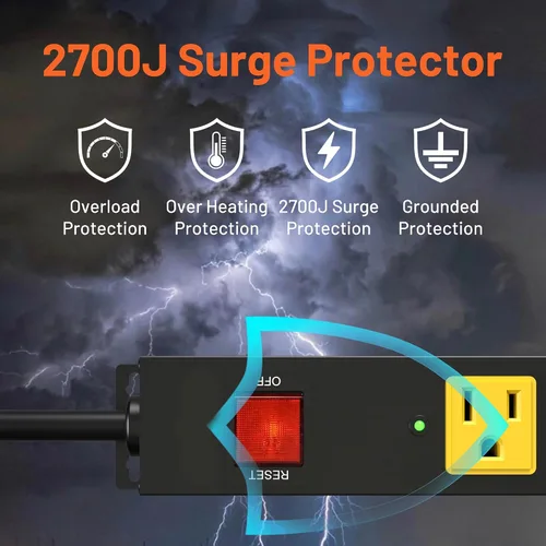 Vista 3 de Regleta de alimentación larga de metal resistente de 6 tomas con disyuntor, cable de extensión, certificación ETL, soporte de pared para garaje