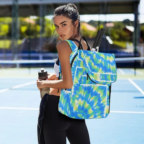Vista 7 de Sporting Goods Tennis Bag BreathableTie-dye Blue Green Circle 2 Rackets Padded Tennis Bag Gym Bag for Men Women Tennis Sport Tenis