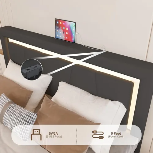 Vista 3 de Base de cama matrimonial con cabecera ajustable, plataforma tapizada con luces LED RGB, 4 cajones de almacenamiento y estación de carga