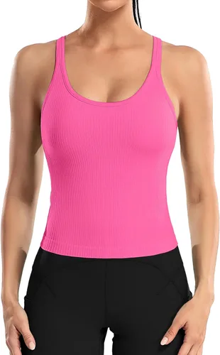 Vista 31 de ATTRACO Camiseta corta acanalada de entrenamiento para mujer con brasier integrado para yoga, espalda cruzada, ajuste ajustado