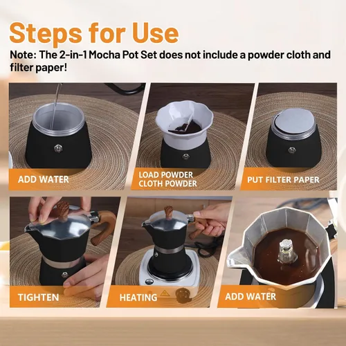 Vista 7 de Set de olla de moka de aluminio 2 en 1 con cafetera de espresso para estufa eléctrica, clásico para estufa de café 150ml 5oz Mocha Express portátil