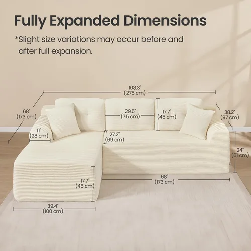 Vista 2 de VASAGLE Sofá modular seccional sin armazón de 108.3 pulgadas con chaise, sofá nube moderno con asiento profundo, sofá de pana en forma de L