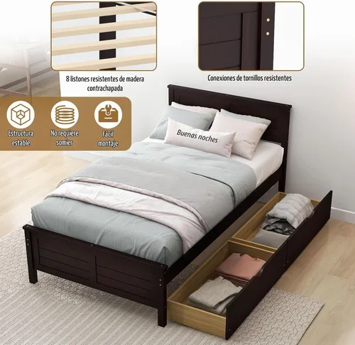 Vista 5 de KOMFOTT Marco de Cama de Madera Tamaño Twin con 2 Cajones de Almacenamiento, Marco de Cama de Plataforma de Mediados de Siglo con Cabecero, Soporte