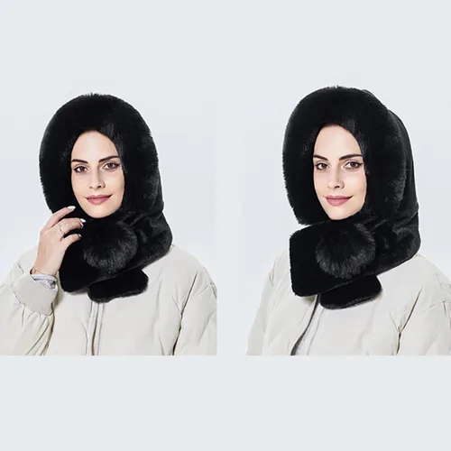 Vista 3 de Conjunto de bufanda de invierno para mujer, cálido siamés con capucha, gorro de lana de punto resistente al viento, gorro de felpa suave