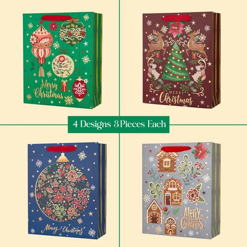 Vista 6 de PAPER FAIR 12 piezas de bolsas de regalo de Navidad rojas, verdes, doradas metálicas a granel, grandes de 12.5x10.5 pulgadas, bolsas de regalo