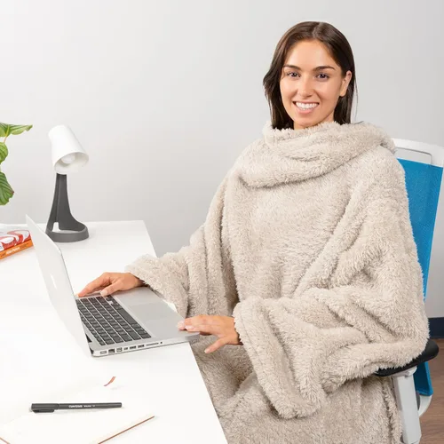 Vista 4 de PAVILIA Manta Esponjosa con Mangas para Adultos, Manta Vestible de Felpa Suave y Difusa, Forro Polar Sherpa con Mangas y Bolsillo, Regalos Cálidos