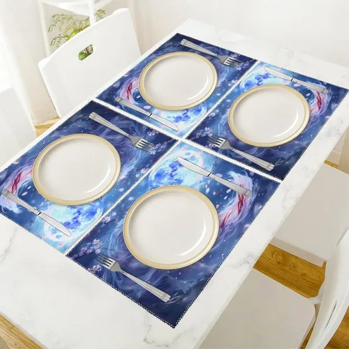 Vista 5 de Nine Tailed Fox Cherry Flowers Placemats Set of 6 Resistant Table Mats Washable Place Mats for Dinner Party Table Decoration