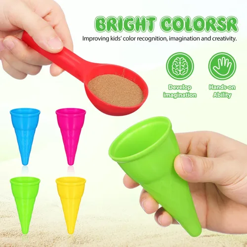 Vista 5 de TOYANDONA Juego de moldes de arena para niños, 10 unidades, conos de helado, conos de cuchara, juegos de arena para exteriores, juego de juguetes