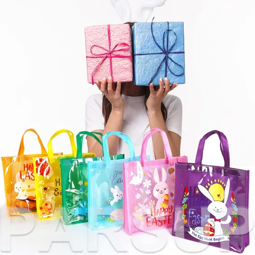 Vista 6 de 6 bolsas de caza de huevos de Pascua felices, bolsas de regalo de huevos de zanahoria con asas, bolsas multifuncionales no tejidas para envolver