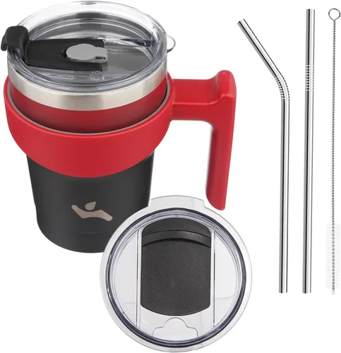 Vista 71 de Konokyo - Vaso de 10 onzas con asa y 2 popotes, 2 tapas, botella de agua aislada de acero inoxidable, taza de viaje reutilizable, color verde militar
