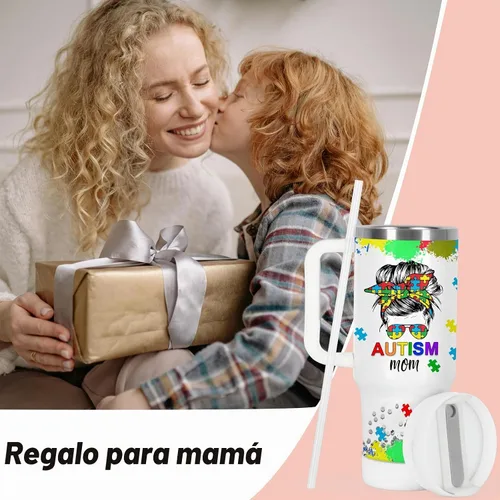 Vista 3 de Vaso de concientización sobre el autismo para mamá, 40 onzas con asa