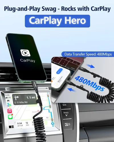 Vista 5 de AGVEE Cable de carga corto USB-C a Lightning en espiral de 1.5 pies [certificado MFI] Cable de carga rápida PD de 30 W en el automóvil para iPhone