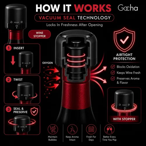 Vista 7 de GOCHA Tapón de vino al vacío, conservador de vino al vacío integrado, sellador universal de botellas de vino, parte superior giratoria de silicona