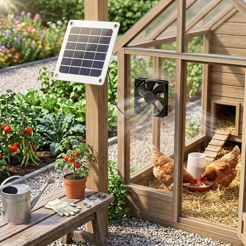 Vista 5 de Kit de ventilador extractor alimentado por energía solar, 6V 10W IP65 impermeable, gallinero de invernadero, carga USB