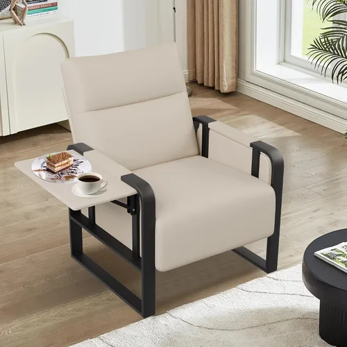 Vista 3 de Silla de Acento Moderna Tapizada en Cuero PU Sillón con Mesa de Bandeja para Dormitorio Sala de Estar Sillas Silla de Oficina Beige