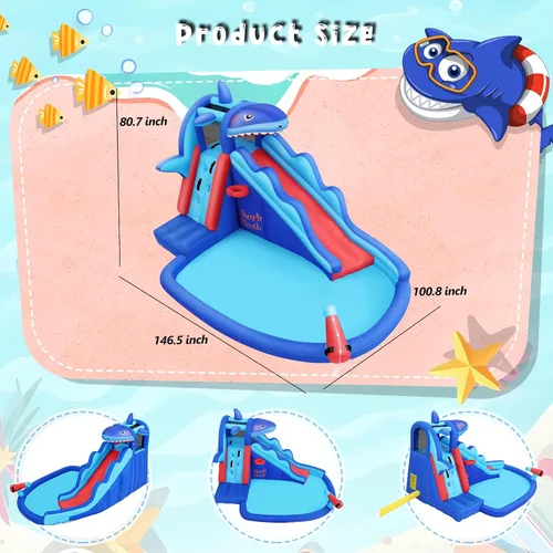Vista 5 de AKEYDIY Toboganes acuáticos inflables, estilo tiburón, parque acuático inflable al aire libre con escalada, borde de baloncesto, piscina