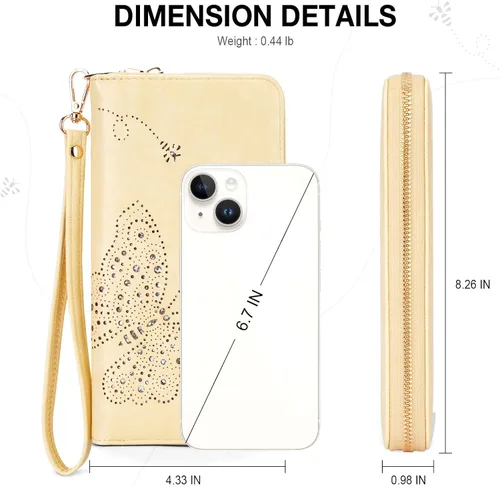 Vista 3 de Cartera RFID para mujer, cartera de gran capacidad con mariposa, cartera de teléfono celular, carteras de mano para mujer, carteras de pulsera