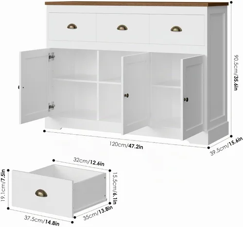 Vista 3 de Keyluv Armario de buffet blanco para almacenamiento, aparador de cocina, estilo granja, bufé, bar, gabinete de vino con 3 cajones y 3 puertas