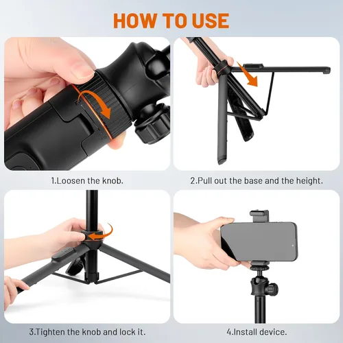 Vista 8 de JOILCAN Trípode para iPhone y Cámara, Trípode selfie stick de 64" con cabezal de bola de 360°, control remoto y soporte para teléfono, Trípode