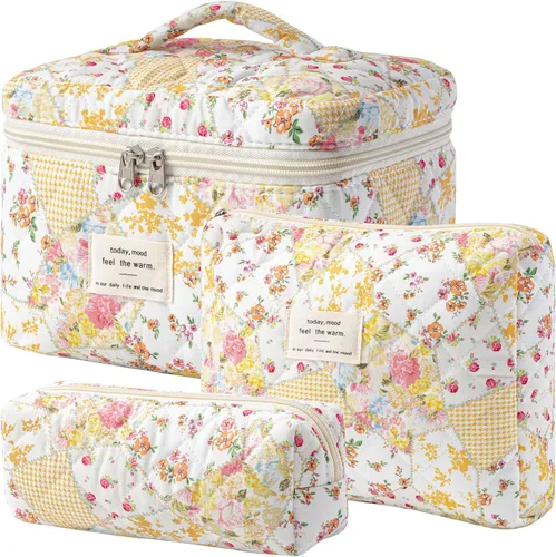 Vista 29 de HBselect Bolsa de Maquillaje Acolchada, 3 Piezas de Gran Bolsa de Maquillaje de Viaje de Algodón, Linda Bolsa de Maquillaje Floral Coquette, Bolsa