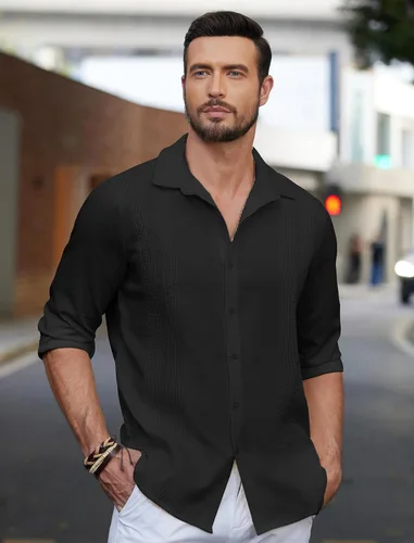 Vista 3 de COOFANDY Camisas cubanas para hombre, ajuste regular, casual, manga larga, con botones
