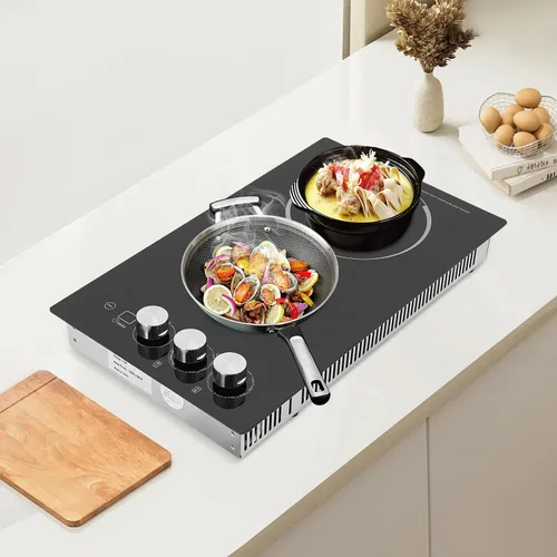 Vista 2 de Cocina de cerámica, 20 x 12 pulgadas, 2 quemadores integrados, estufa eléctrica con control táctil, temporizador de bloqueo infantil, estufa